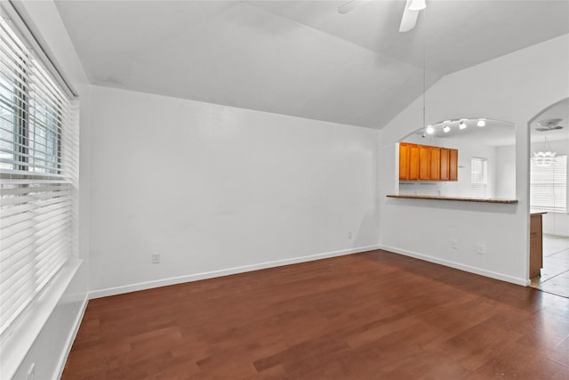 unfurnished living room with lofted ceiling, a healthy amount of sunlight, and wood-type flooring