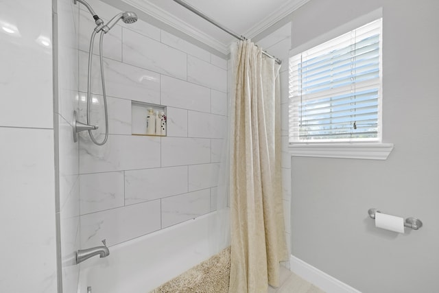 bathroom with shower / tub combo with curtain and ornamental molding