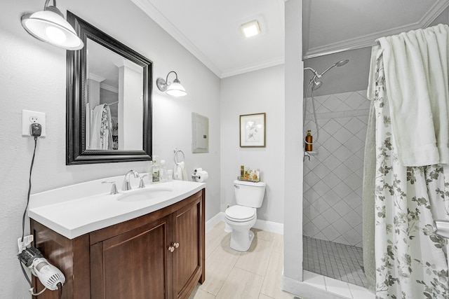 bathroom with vanity, toilet, walk in shower, and crown molding