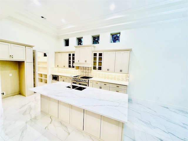 kitchen with crown molding, high end stainless steel range oven, light stone countertops, tasteful backsplash, and a large island