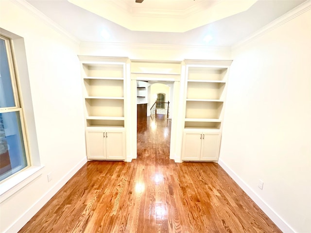 spacious closet featuring a raised ceiling and light hardwood / wood-style flooring