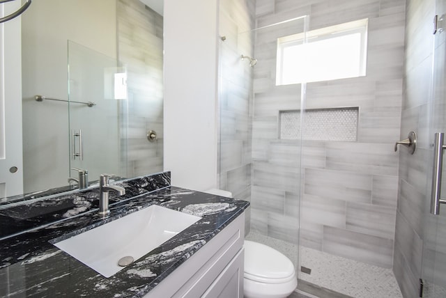 bathroom featuring vanity, toilet, and a shower with door