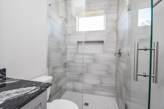 bathroom featuring vanity, toilet, and a shower with door