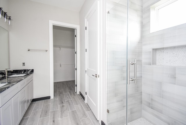 bathroom featuring vanity and a shower with shower door