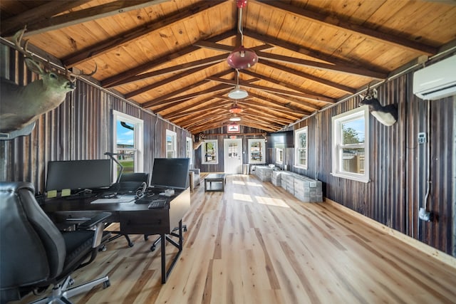 unfurnished office with wood ceiling, an AC wall unit, lofted ceiling with beams, and light wood-type flooring