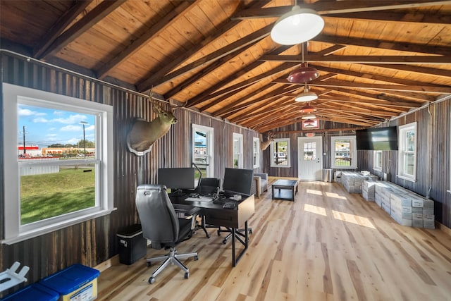 unfurnished office with wood ceiling, lofted ceiling with beams, wooden walls, and light hardwood / wood-style floors