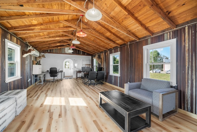 unfurnished living room with wood walls, vaulted ceiling with beams, light hardwood / wood-style floors, and wood ceiling