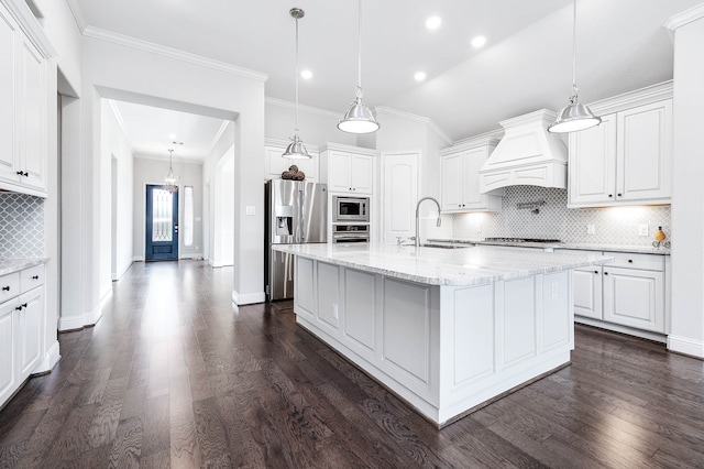 kitchen with premium range hood, a kitchen island with sink, dark wood-type flooring, and appliances with stainless steel finishes