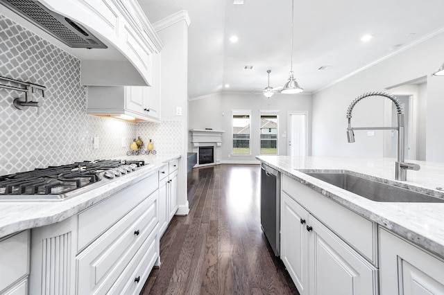 kitchen with dark hardwood / wood-style flooring, sink, white cabinets, and appliances with stainless steel finishes