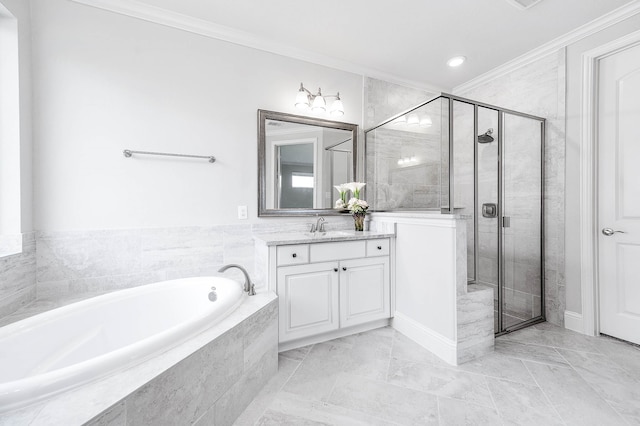 bathroom with vanity, independent shower and bath, and ornamental molding