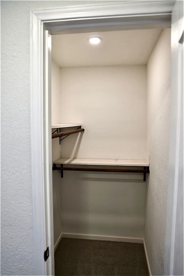 walk in closet with dark carpet