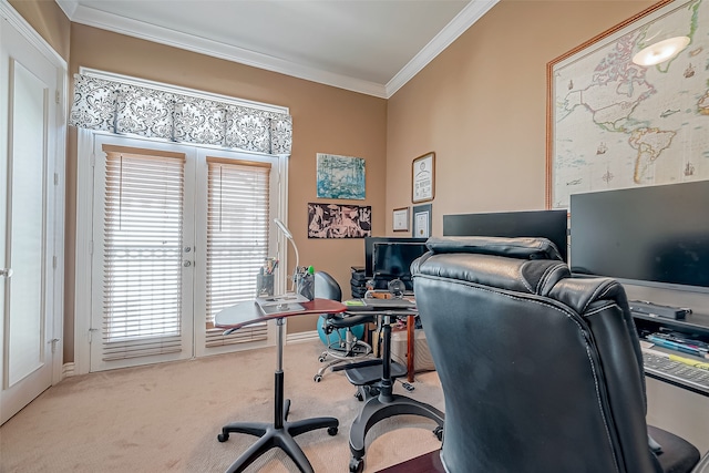 office area with crown molding, french doors, and carpet floors