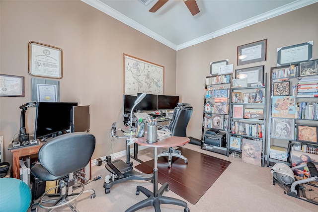 office with ceiling fan, wood-type flooring, and ornamental molding