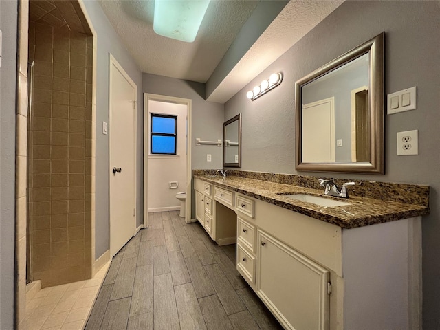 bathroom featuring vanity, a textured ceiling, and toilet