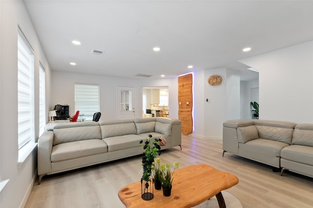 living room with plenty of natural light and light hardwood / wood-style floors