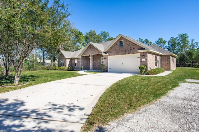 16979 Concord Dr, Conroe, TX 77385 - ranch-style home with brick siding, a garage, driveway, and a front yard