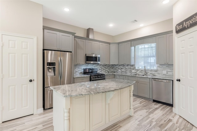 16979 Concord Dr, Conroe, TX 77385 - kitchen featuring appliances with stainless steel finishes, gray cabinets, a sink, decorative backsplash, and light stone counters