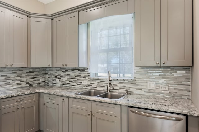 kitchen featuring stainless steel dishwasher, gray cabinetry, sink, and tasteful backsplash