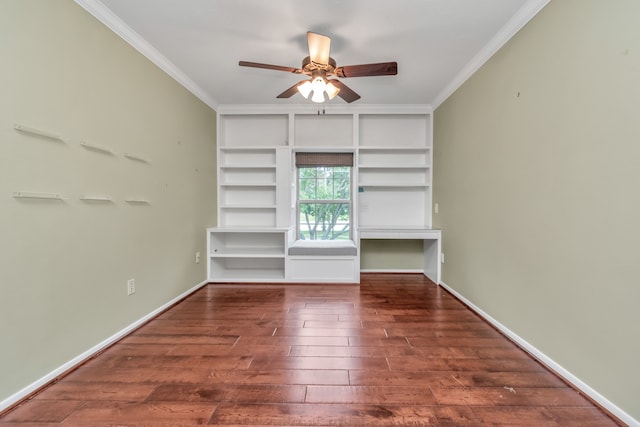 interior space with ceiling fan, dark hardwood / wood-style floors, and ornamental molding