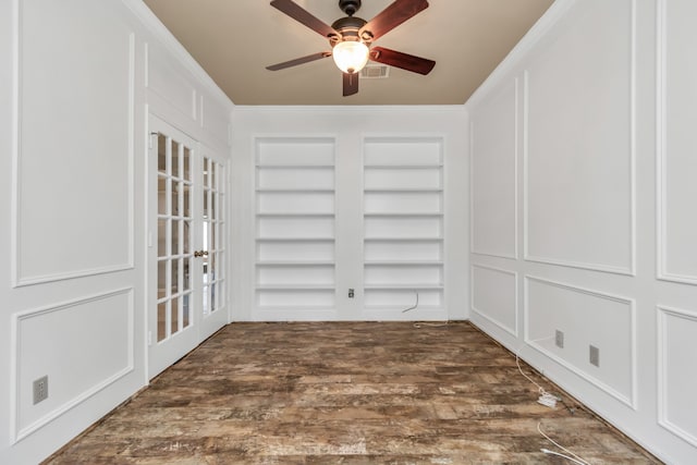 interior space featuring ceiling fan, dark wood-type flooring, and french doors