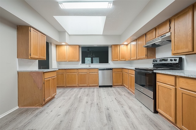 kitchen featuring appliances with stainless steel finishes, tasteful backsplash, a textured ceiling, sink, and light hardwood / wood-style floors