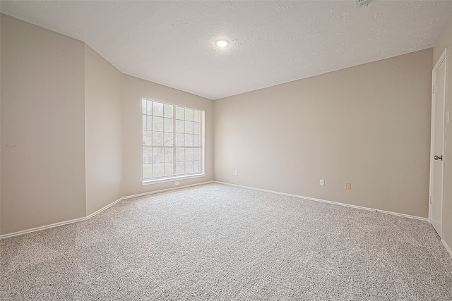 empty room with carpet, a textured ceiling, and lofted ceiling