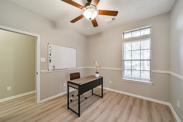 home office with ceiling fan, a textured ceiling, and light wood-type flooring