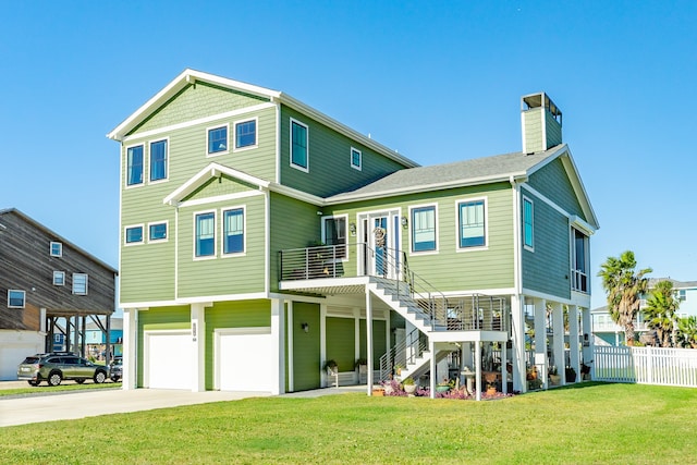 back of house with a garage and a yard