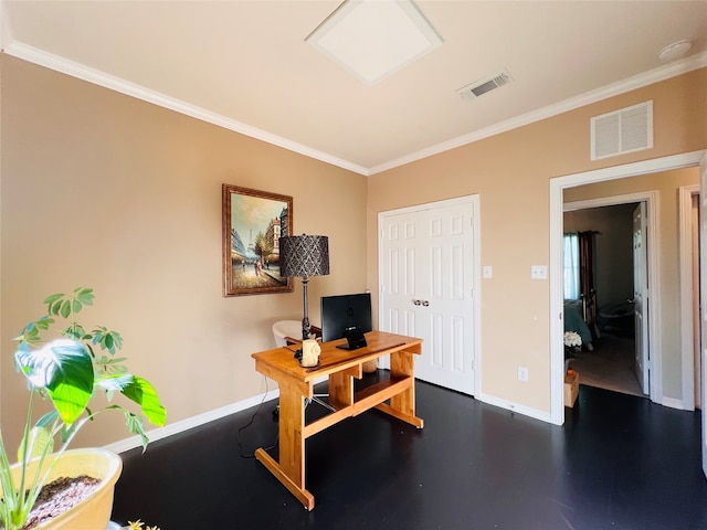 office area featuring crown molding