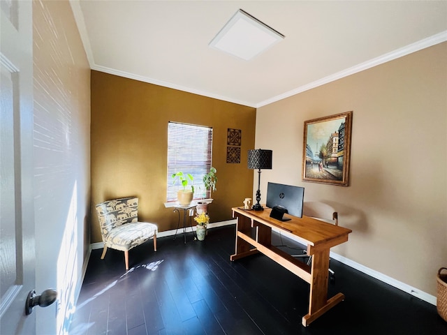 office space featuring crown molding and dark wood-type flooring