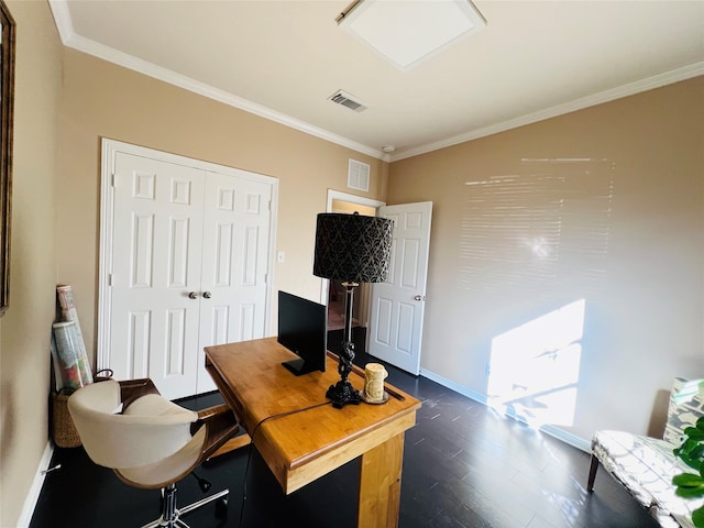 office space with dark hardwood / wood-style floors and ornamental molding