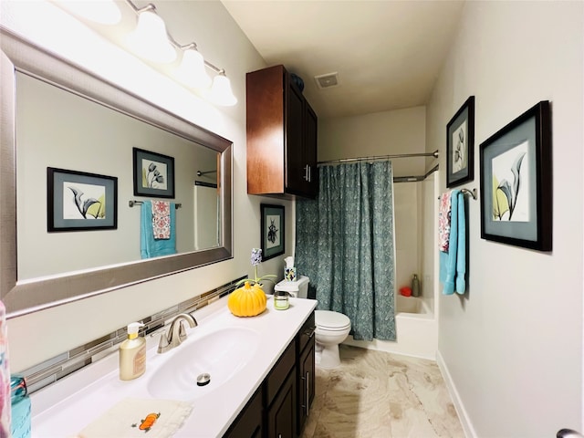 full bathroom with vanity, toilet, and shower / tub combo with curtain