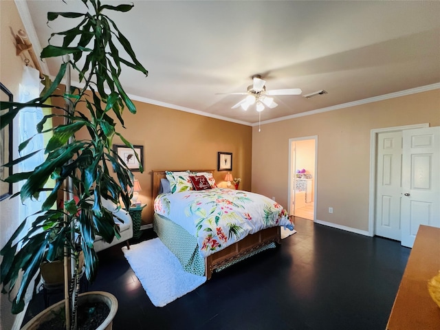 bedroom with ensuite bathroom, ceiling fan, and ornamental molding