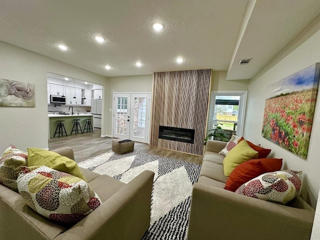 living room featuring a large fireplace, light hardwood / wood-style floors, and sink