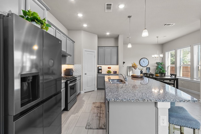 kitchen featuring sink, backsplash, a large island with sink, gray cabinets, and appliances with stainless steel finishes