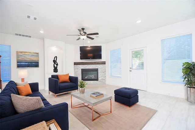 living room with ceiling fan