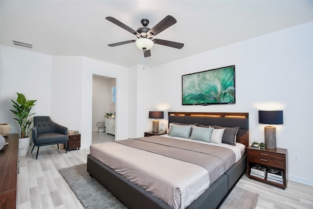 bedroom with ceiling fan and light hardwood / wood-style flooring