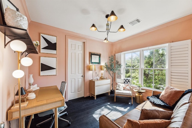 office area with a notable chandelier and ornamental molding