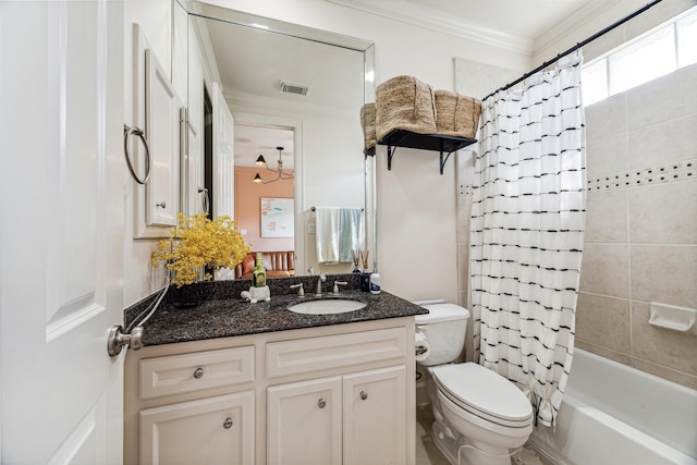 full bathroom featuring vanity, toilet, shower / bathtub combination with curtain, and ornamental molding