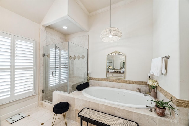 bathroom with separate shower and tub and crown molding