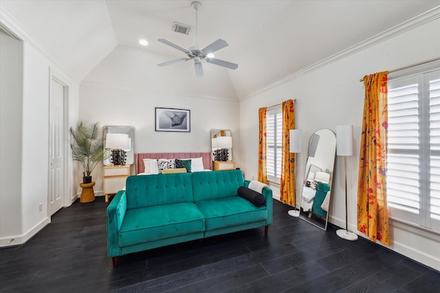 bedroom featuring multiple windows, ceiling fan, dark hardwood / wood-style floors, and vaulted ceiling