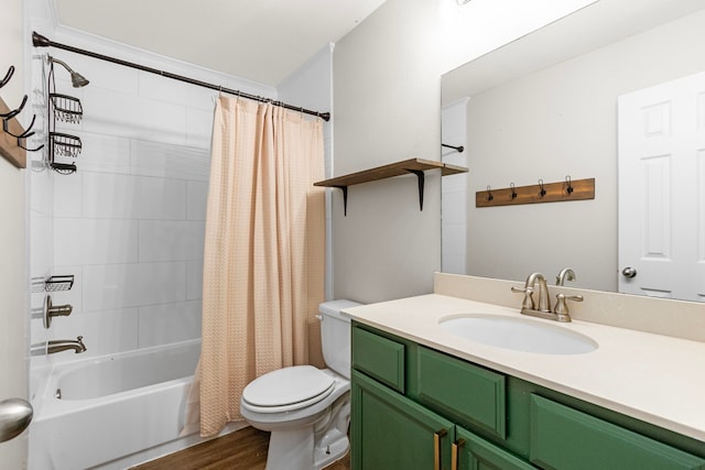 full bathroom featuring crown molding, shower / bath combination with curtain, wood-type flooring, toilet, and vanity