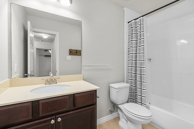 full bathroom featuring toilet, vanity, tile patterned floors, and shower / bathtub combination with curtain