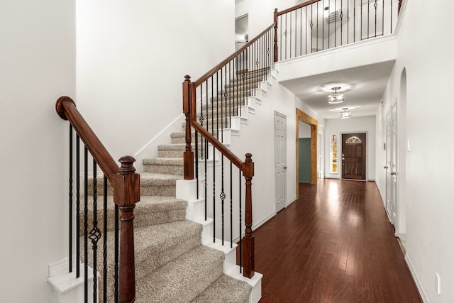 foyer entrance featuring a high ceiling and dark hardwood / wood-style floors