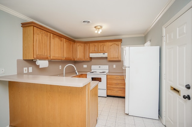 kitchen with kitchen peninsula, white appliances, crown molding, and light tile patterned flooring