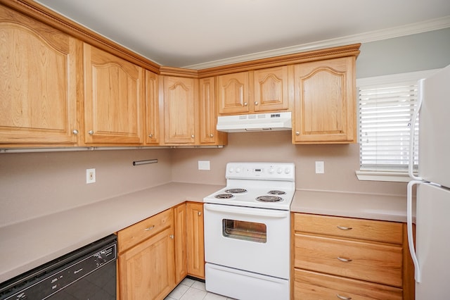 kitchen featuring light brown cabinets, white appliances, ornamental molding, and light tile patterned floors