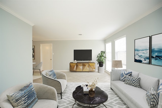 living room featuring tile patterned flooring and ornamental molding