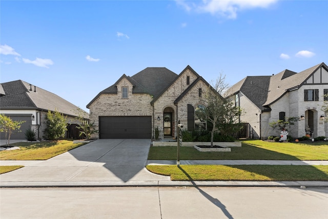 french country home featuring a garage and a front lawn