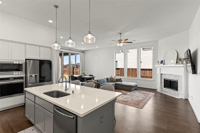 kitchen featuring an island with sink, gray cabinets, a fireplace, appliances with stainless steel finishes, and sink