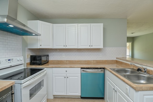 kitchen with wall chimney exhaust hood, sink, dishwasher, white electric range, and white cabinetry